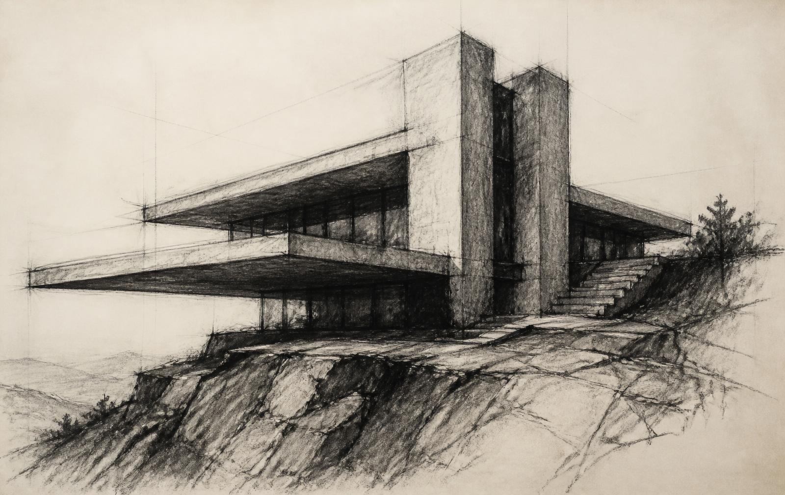 Charcoal concept sketch of a cantilevered concrete residence on a rocky ledge