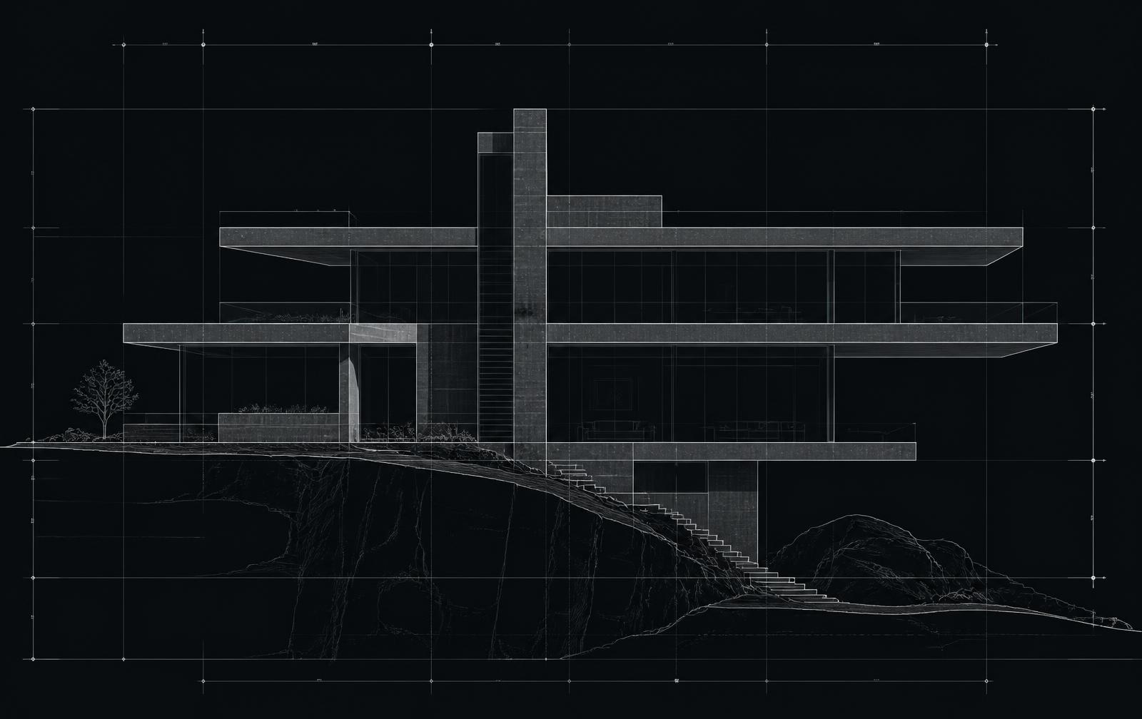 Technical blueprint elevation of the same cantilevered residence