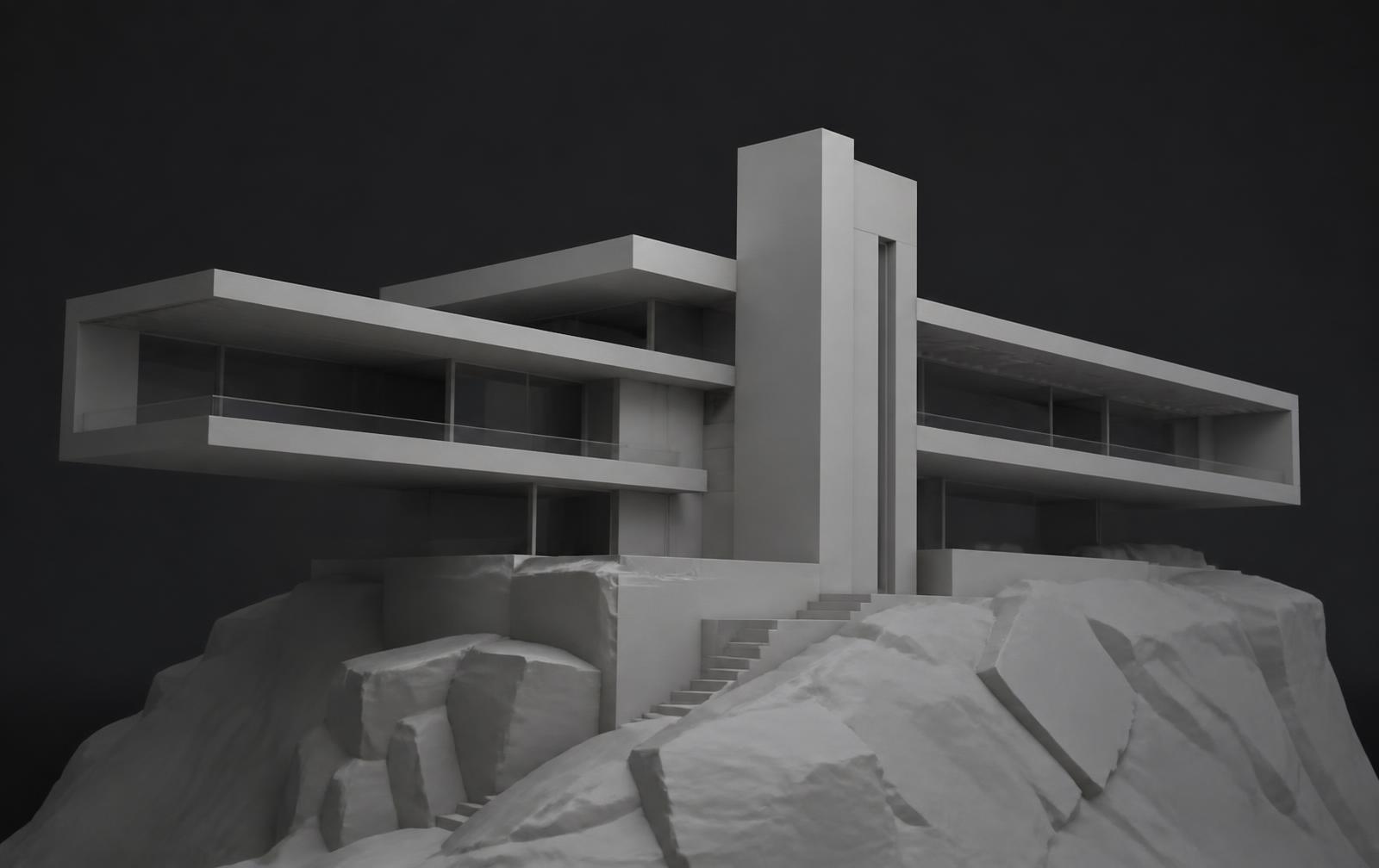 Grey clay massing model of the residence under studio light