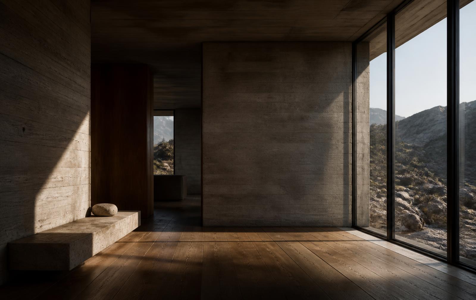 Photorealistic concrete interior with oak floors and raking sunlight