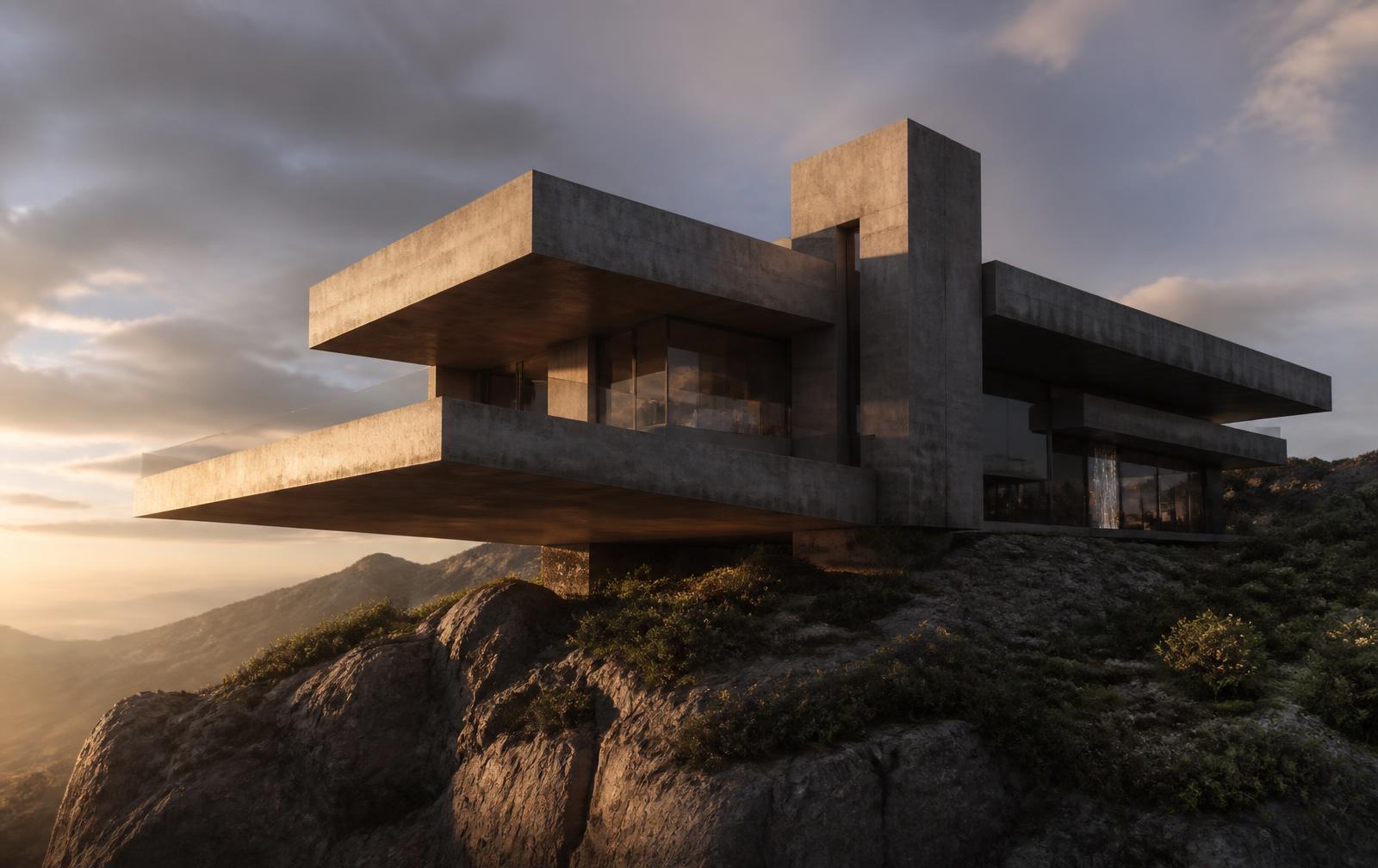 Photorealistic golden hour exterior render of the finished residence