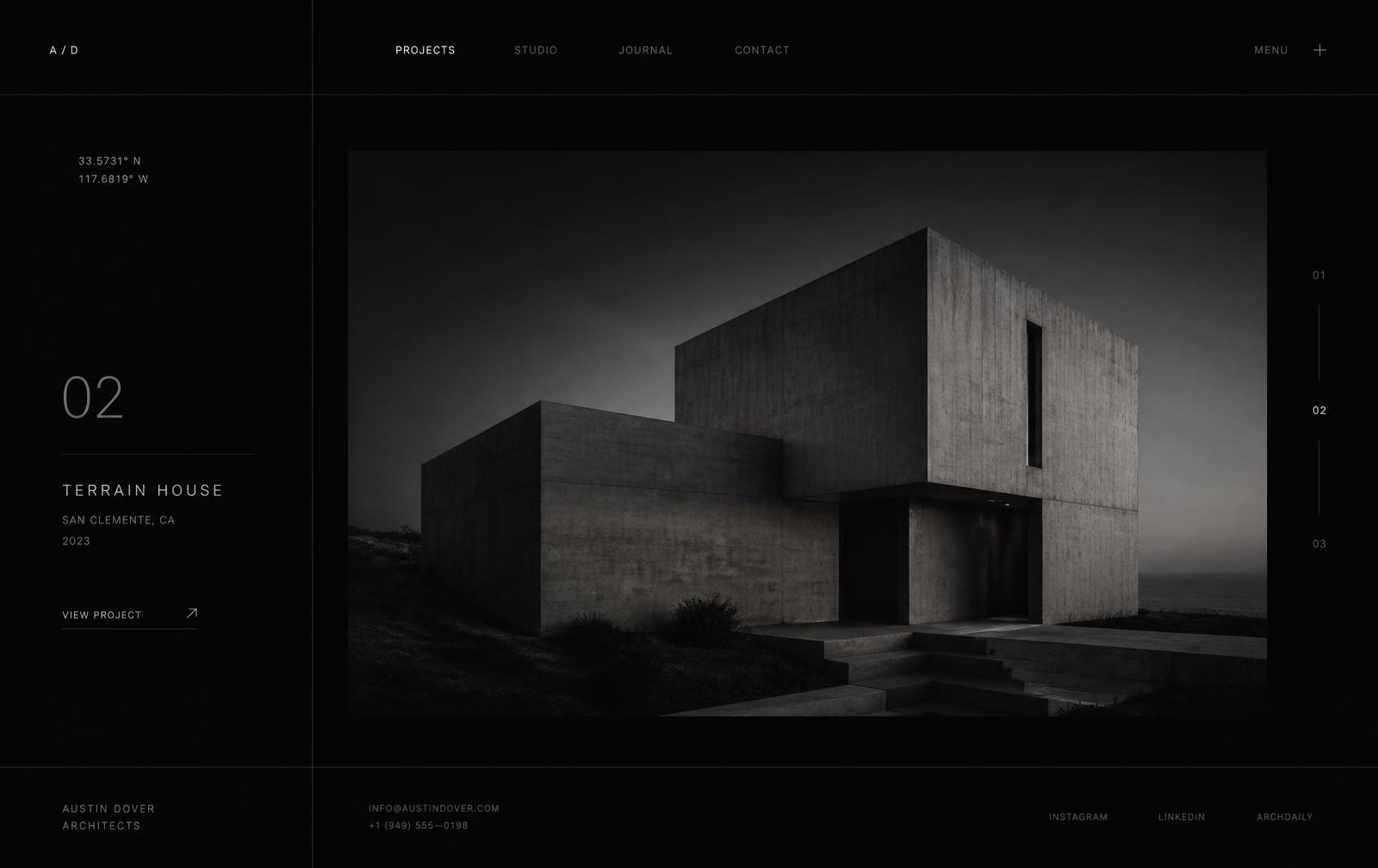 Minimal dark editorial interface presenting the architecture project