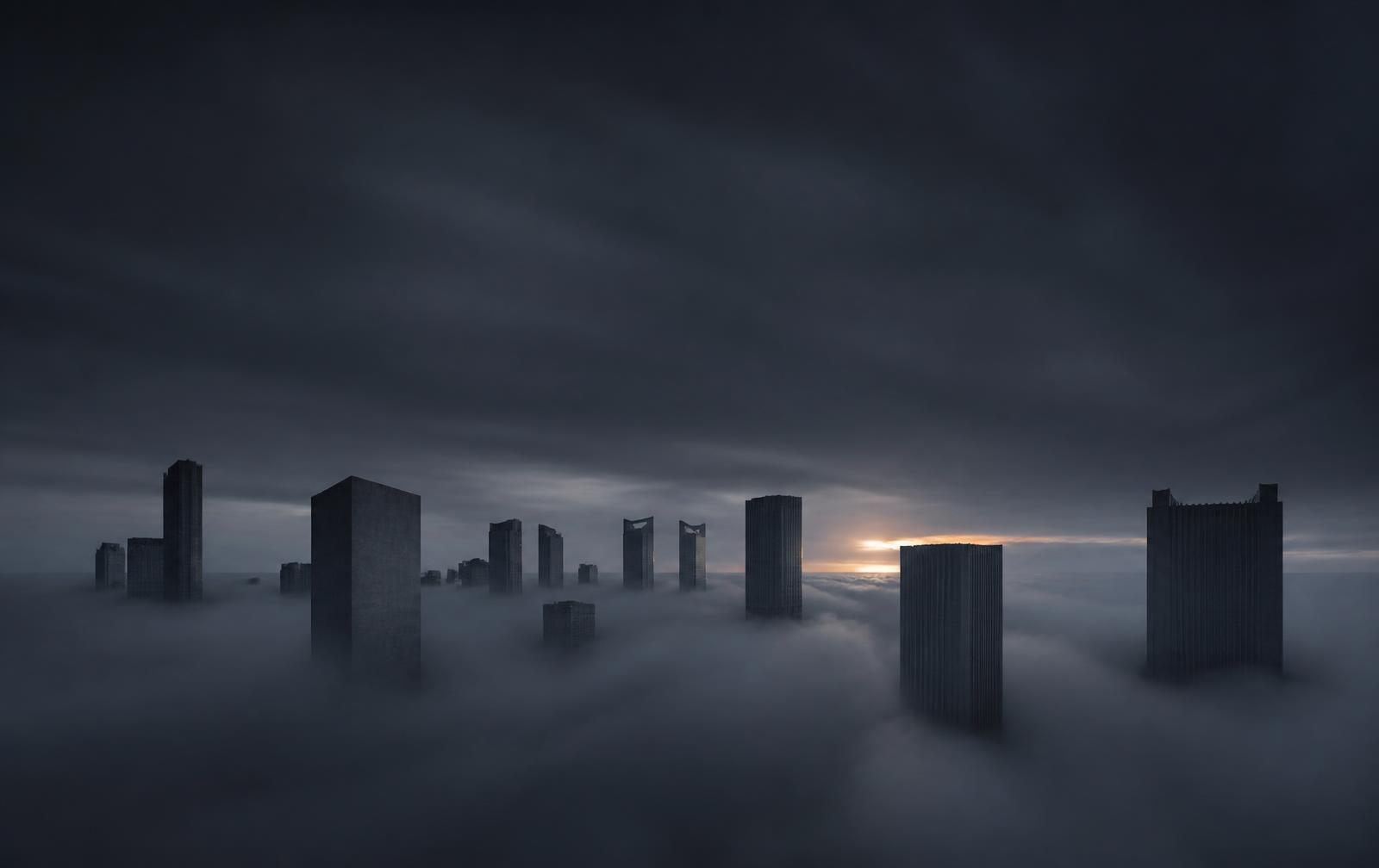 Cinematic dark skyline above low fog at blue hour